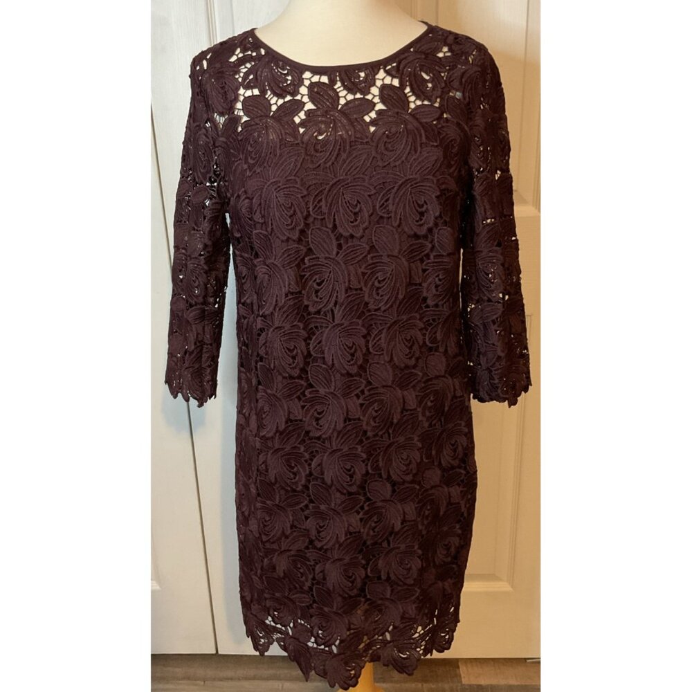 Ann Taylor Loft Burgundy Deep‎ Purple Lace Shift Dress 3/4 Sleeve Size 4